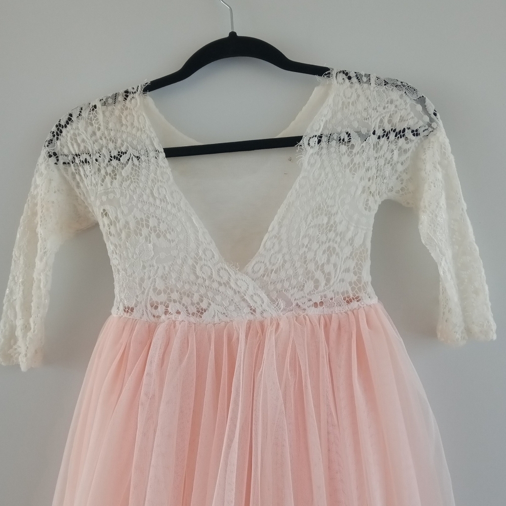 2Bunnies Lace & Tulle Flower Girl Formal Maxi Dress Cream Pink Size 7-8Y - Picture 5 of 9